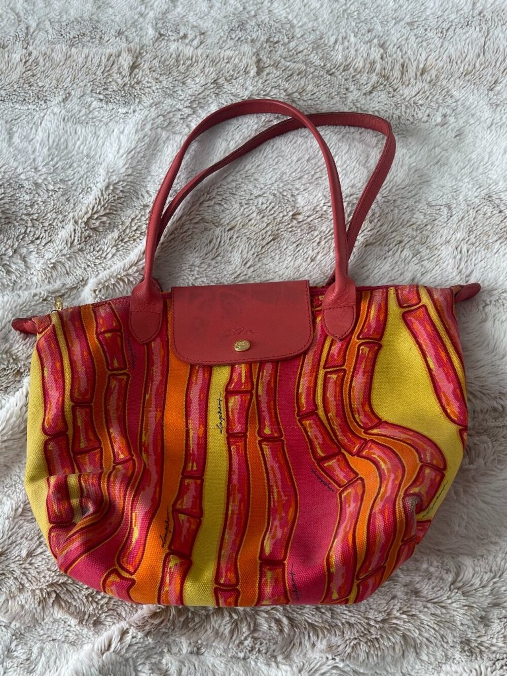 Limited edition Longchamp Le Pliage Pink and Orange Bamboo Print Bag in Medium